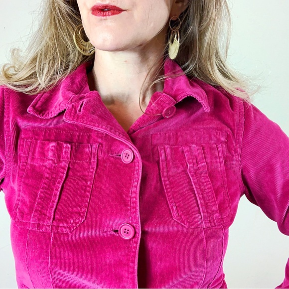 AC-3998 Fuchsia Corduroy Button Front Chest Pockets Jacket Size Medium - Picture 2 of 10